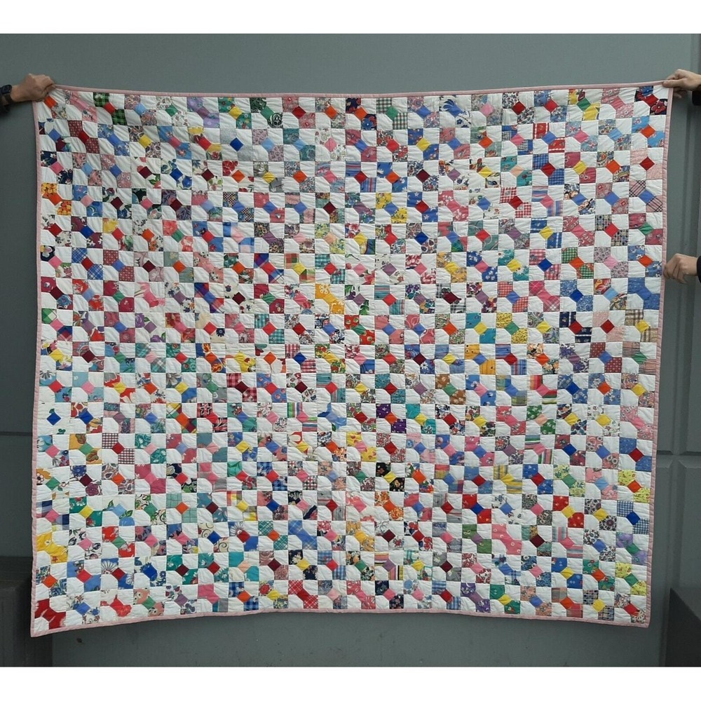 Vintage Bowtie Quilt 77" x 90" Hand Quilted Scrappy Cotton